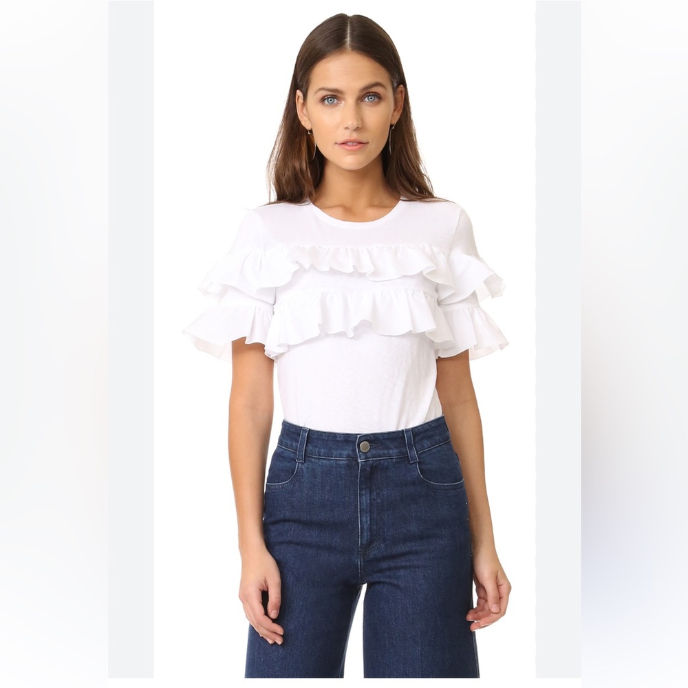 Tory Burch Frill Ruffle Tshirt Cotton Poplin Detail Crewneck White